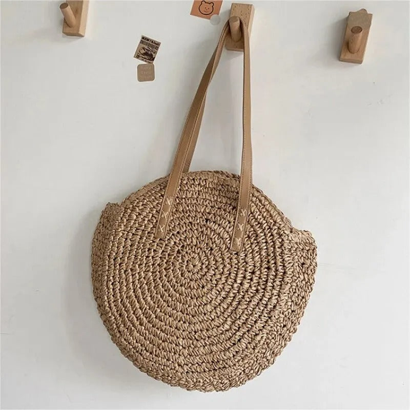 Beach Shoulder Bag – Summer Round Straw Tote Bag, Stylish & Versatile