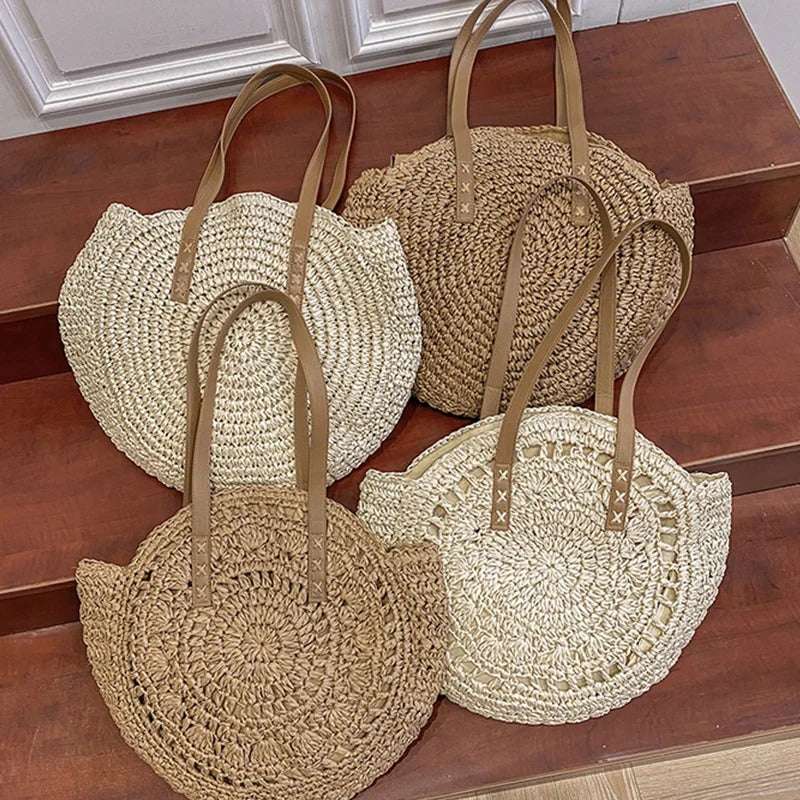 Beach Shoulder Bag – Summer Round Straw Tote Bag, Stylish & Versatile
