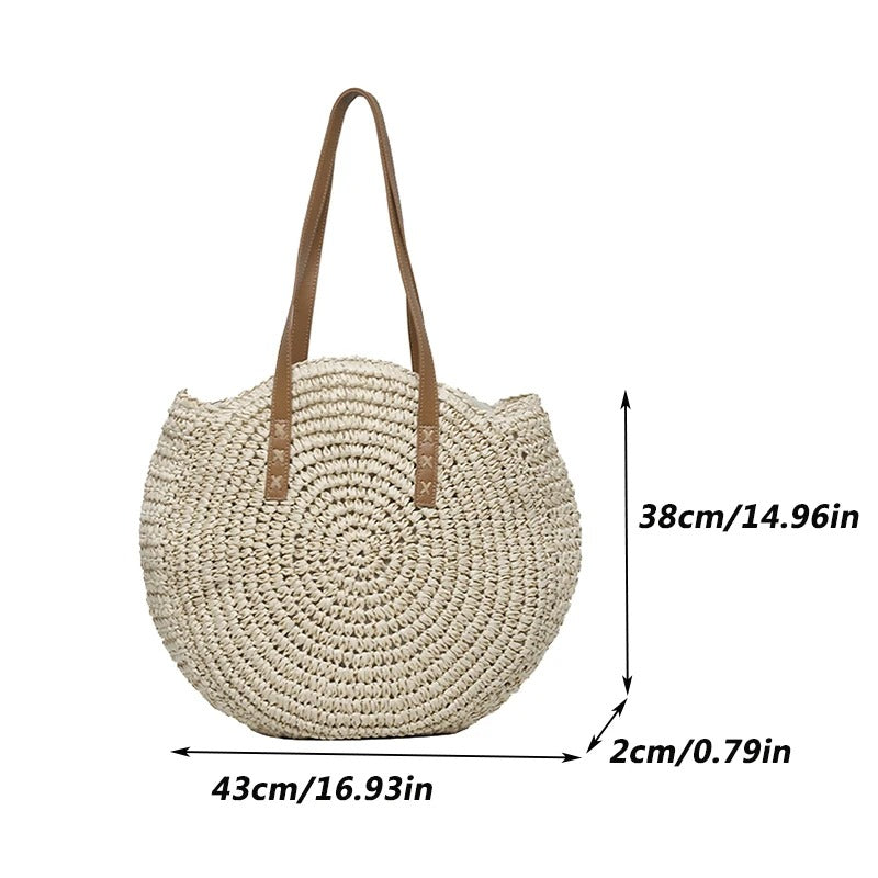Beach Shoulder Bag – Summer Round Straw Tote Bag, Stylish & Versatile