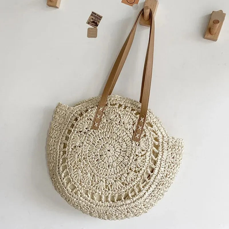 Beach Shoulder Bag – Summer Round Straw Tote Bag, Stylish & Versatile