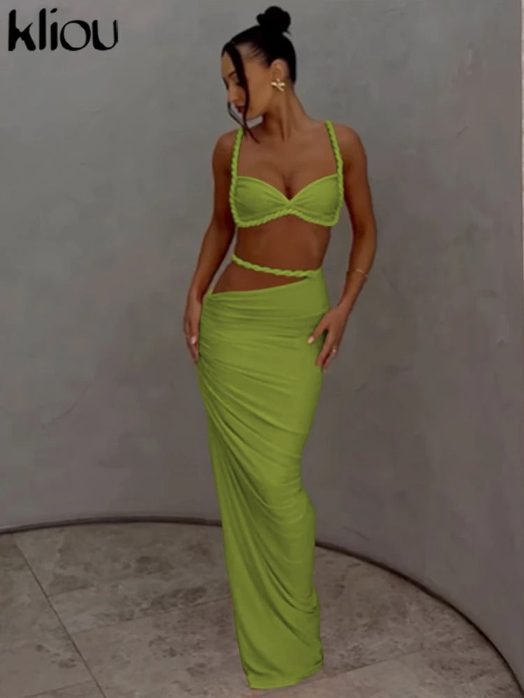 Pleated Crop Top Skirt Set